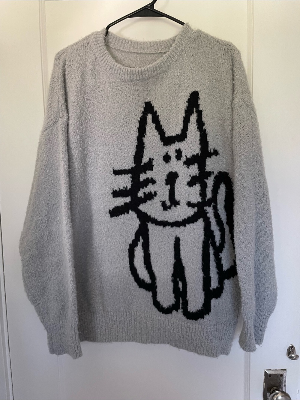 Women's Light Gray Crewneck Sweater with Black Cat Graphic